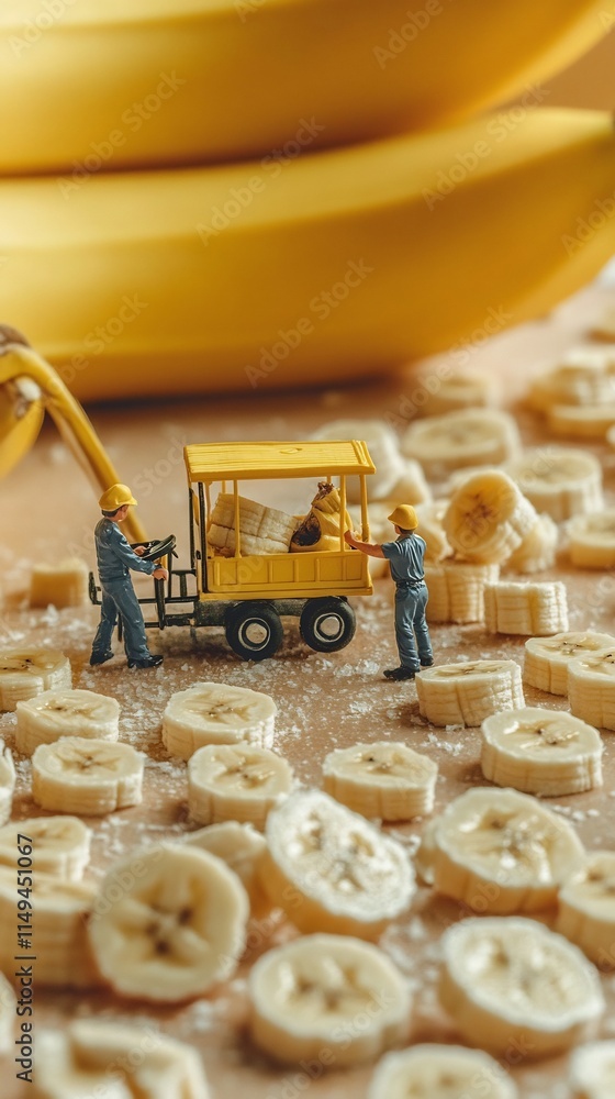 Poster miniature workers transporting fresh banana slices in cart