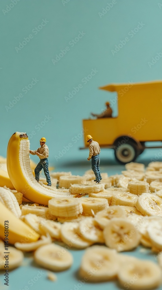 Poster close up of banana slices with workers pushing cart in minimal background