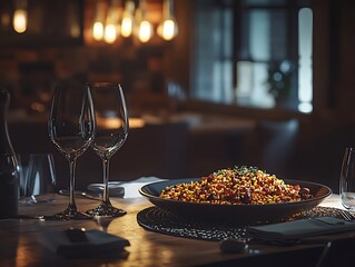 Fototapeta premium Close-up Photo: Deliciously Plated Paella, Warm Restaurant Ambiance. AI Generated