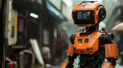Orange robot in rainy urban alley setting