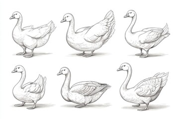 Naklejka premium Six Detailed Line Drawings of Geese in Various Poses