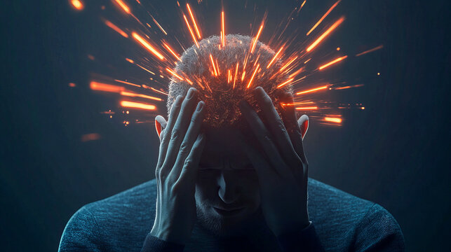 Caucasian male adult with exploding sparks emanating from head in conceptual image