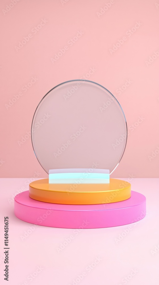 Poster modern minimalist display stand with colorful circular platforms on pastel background