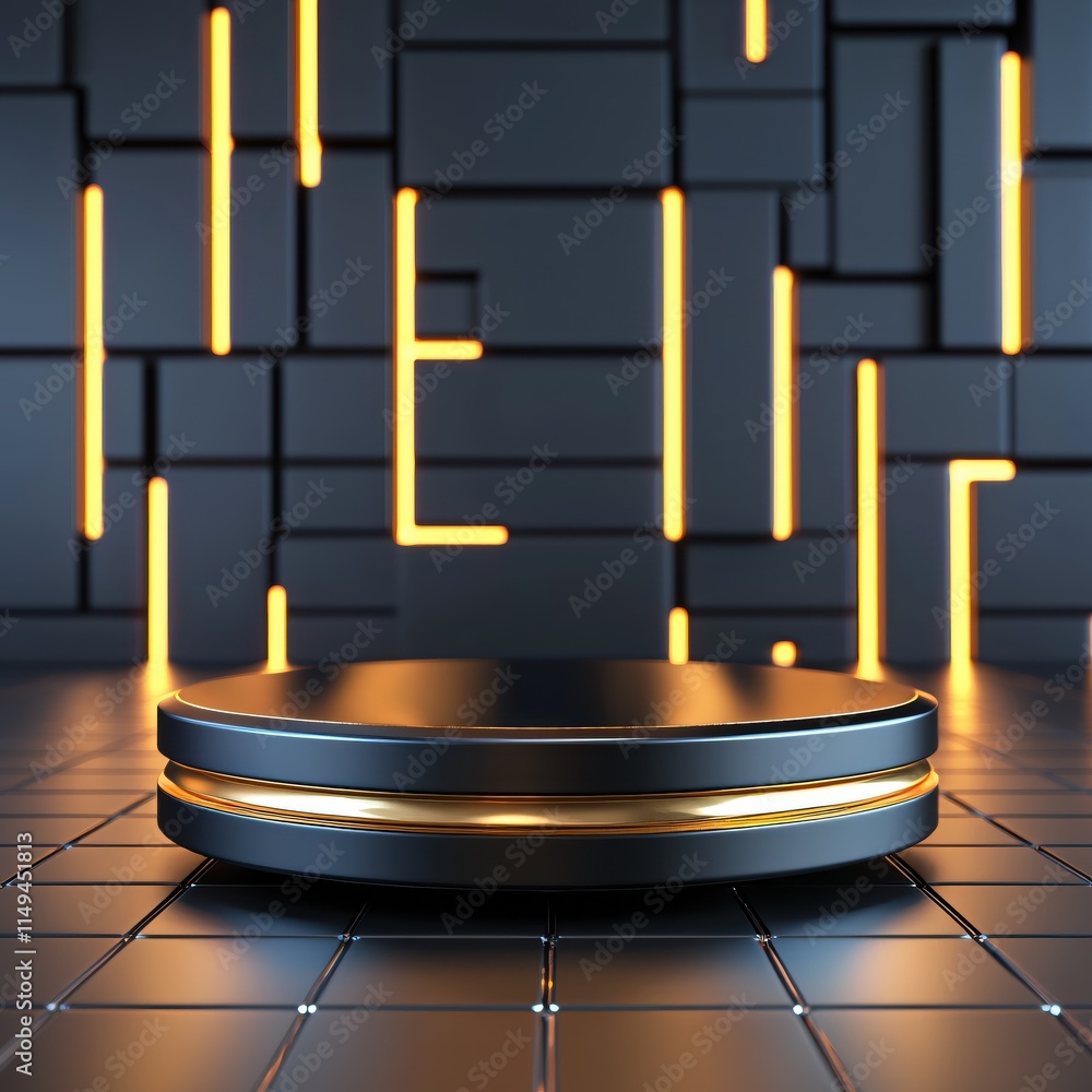 Poster Modern Studio Background with Glowing Neon Lights and Empty Display Platform