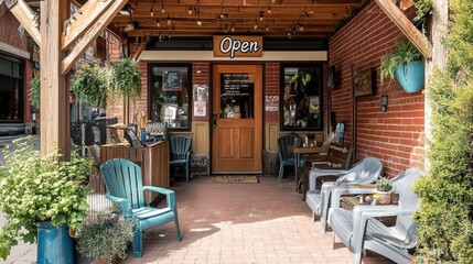 Fototapeta premium Eatery or store with wooden door and sign Open