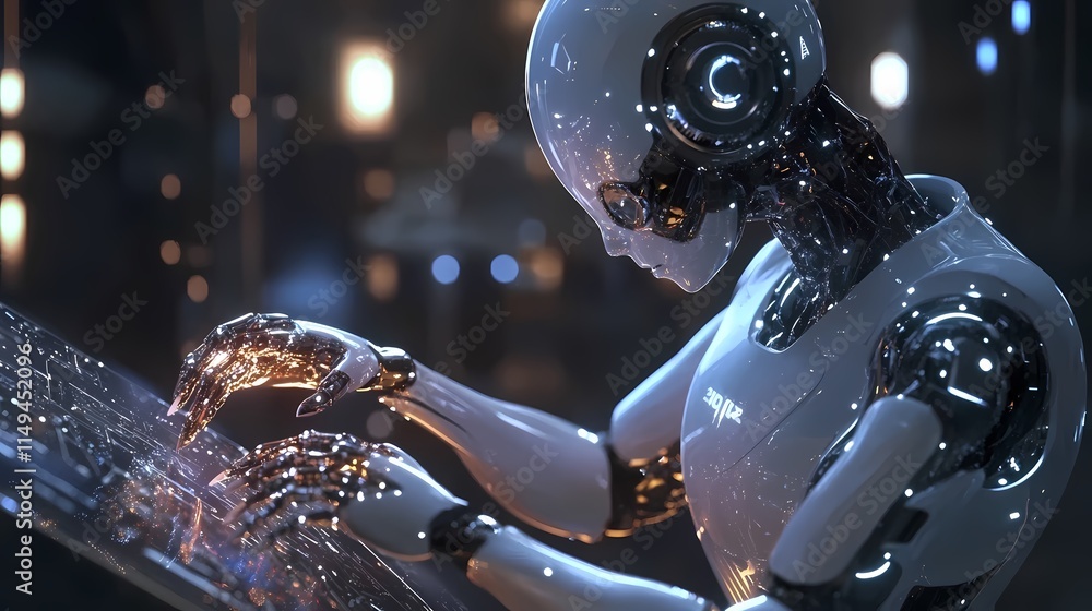 Poster futuristic robot working on holographic interface in advanced technology environment