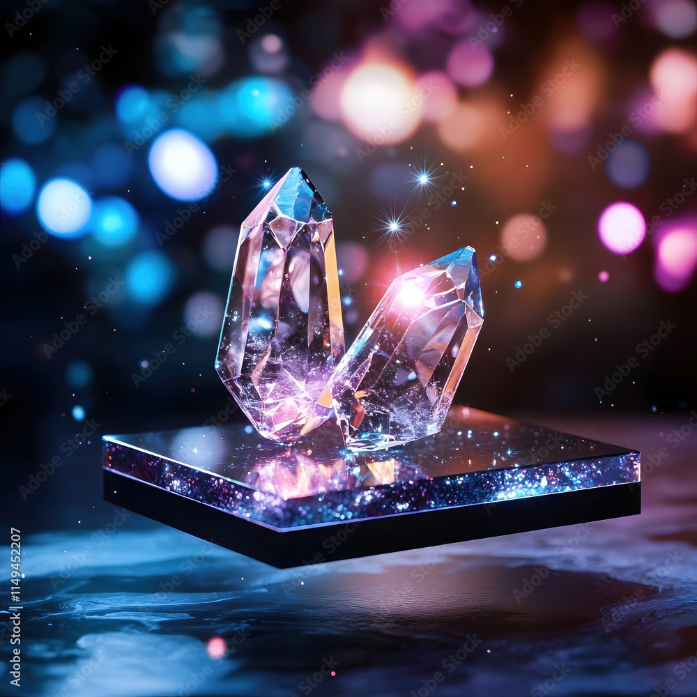 Poster sparkling crystals on a reflective surface surrounded by colorful bokeh lights