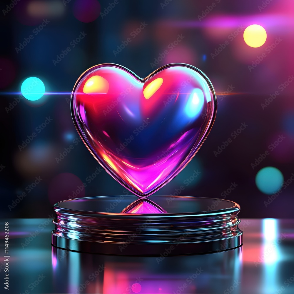 Poster glowing heart icon on reflective surface with colorful bokeh lights background