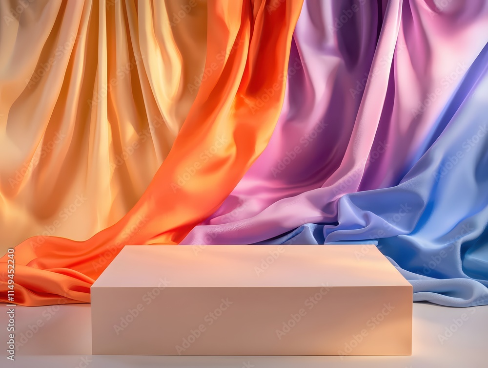 Poster vibrant silk drapery with empty display platform for product presentation