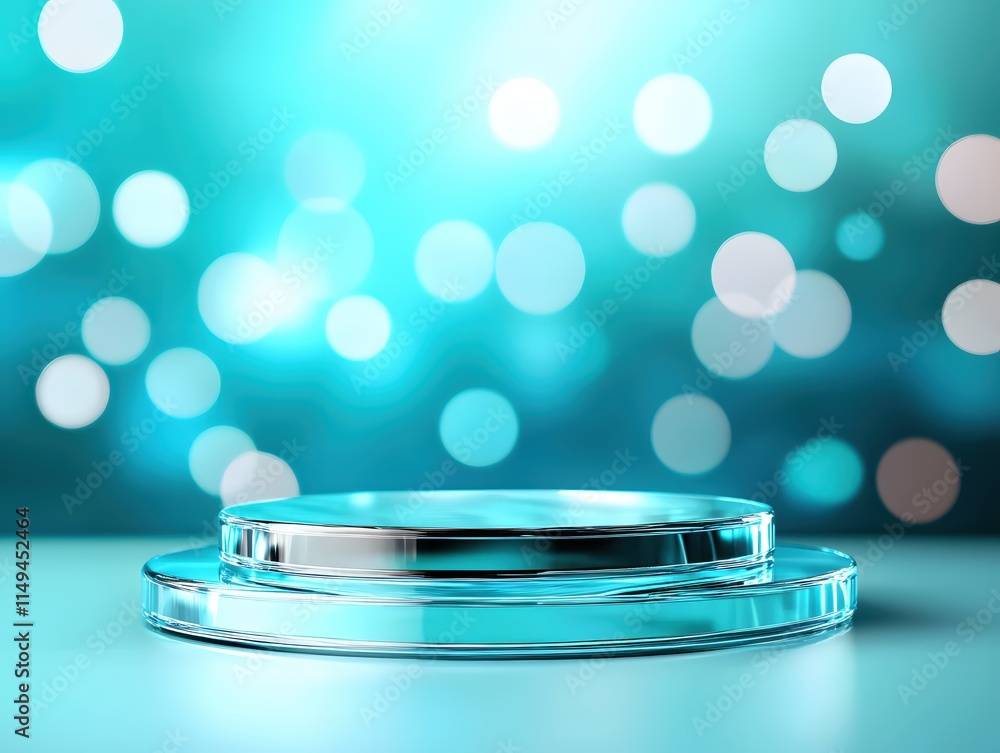 Poster clear glass display platform with soft blue bokeh background for product showcase