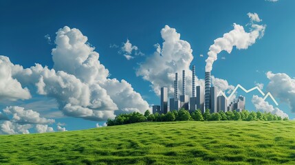 A vibrant landscape featuring a factory with smoke stacks against a backdrop of fluffy clouds, showcasing the contrast between nature and industry.