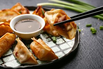 Plate of fried Japanese gyoza with green onion and bowl of soy sauce on dark background, closeup