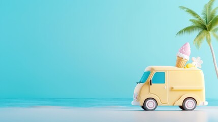A classic ice cream truck parked on a sunny beach, featuring bright colors and playful designs, evoking a nostalgic and fun summer vibe. Perfect for promotional use with space for text.