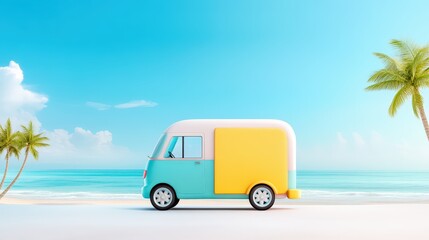 Fototapeta premium A colorful vintage ice cream truck parked on a bright sunny beach, surrounded by golden sand and a clear blue sky, creating a nostalgic summer vibe with room for text.