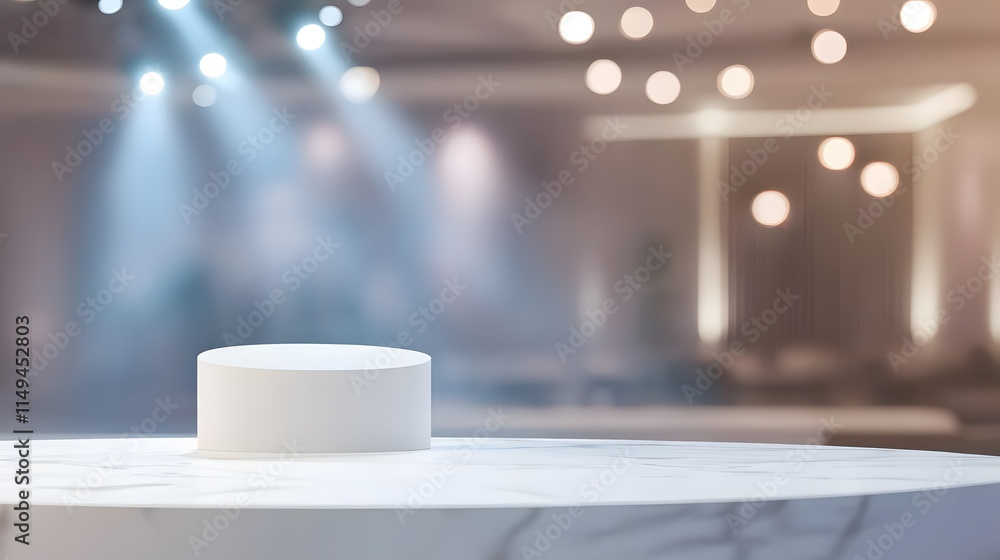 Poster minimalist round display stand in elegant studio with soft ambient lighting