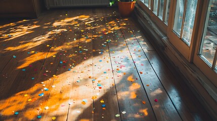 Bright confetti scattered across a polished wooden floor, illuminated by soft sunlight streaming through a window.