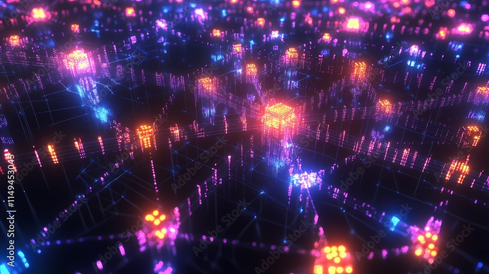 Poster futuristic digital network with bright neon lights and 3d data cube structures