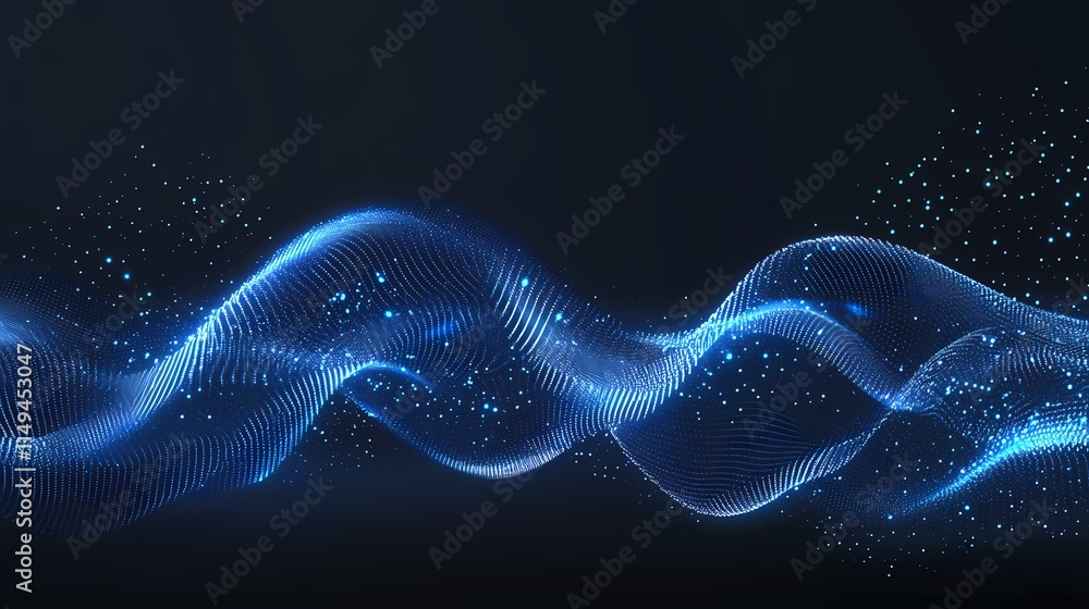 Poster abstract blue wave pattern with light particles in a dark background for creative use