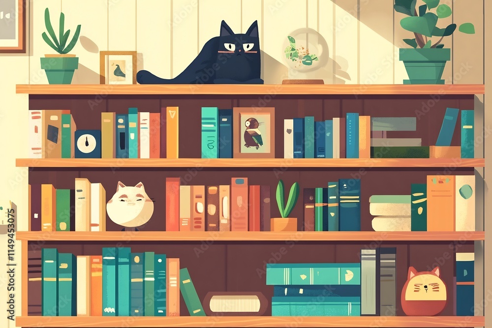 Aufkleber cozy bookshelf arrangement with decorative objects and flat style characters