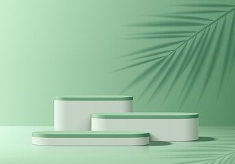 Green white 3D round podium background with palm leaf shadow. Studio wall scene. Minimalist 3D mockup pedestal. Abstract stand product display presentation. Stage for showcase. Vector platform design.