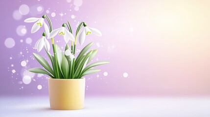 Obraz premium A cute of a snowdrop flower in a soft yellow pot, placed against a light violet-lit backgrounds, combining cheerful and delicate aesthetics.