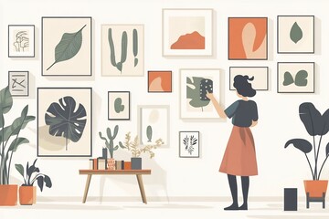 character hanging modern gallery style artwork in bright living space interior