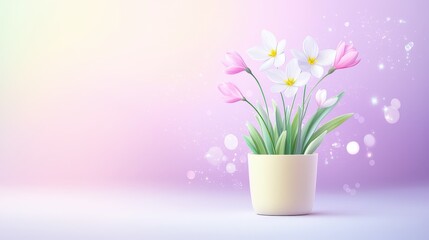 Obraz premium A simple snowdrop in a pale yellow pot, standing out beautifully on a pastel violet-lit backgrounds, ideal for nature-inspired visuals.