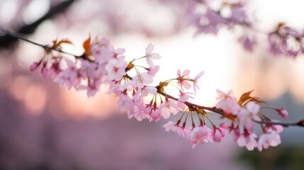 Obraz premium Delicate Pink Cherry Blossoms Blooming at Sunrise