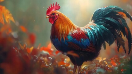 Fototapeta premium Colorful Rooster Standing Amidst Vibrant Autumn Leaves in Nature