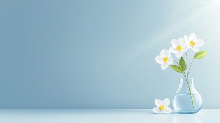 A sweet   of primroses blooming in a delicate glass vase, resting against a soft navy-blue-lit backgrounds, perfect for minimalist and floral designs.