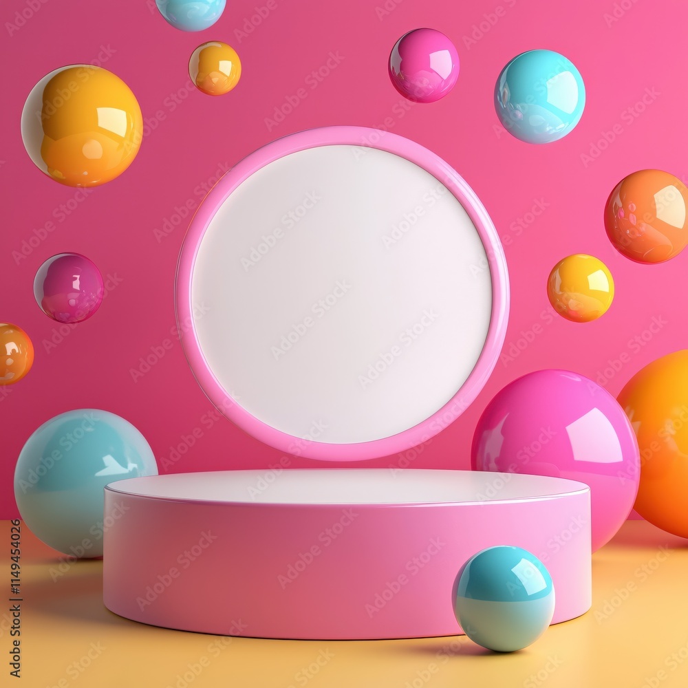 Poster colorful display stand with floating bubbles on pink background for creative concepts