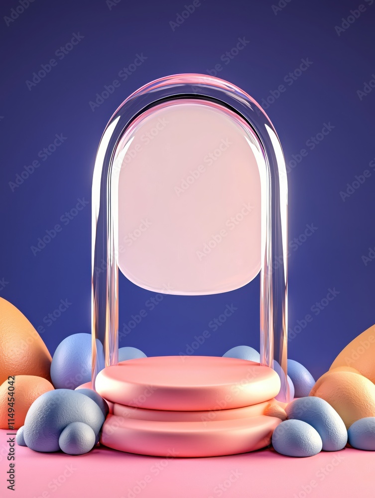 Aufkleber modern transparent chair surrounded by colorful eggs and soft shapes in studio setting