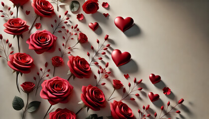 A flat lay featuring red roses and hearts diagonally arranged from one corner to the other, with soft shadows and open space for text.