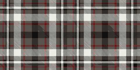 A classic black, white, and red plaid pattern featuring intersecting lines and squares.