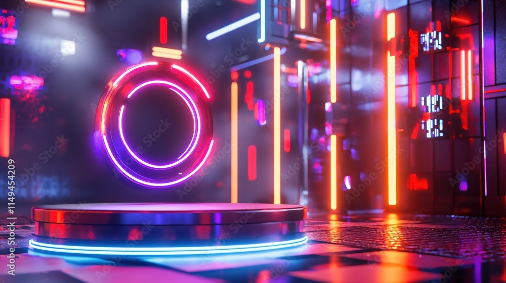 Poster futuristic neon stage with colorful lights and dynamic visual effects for display