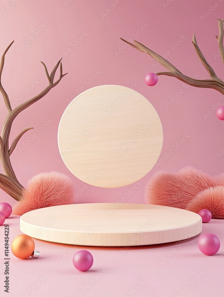 Poster minimalist display with floating circular platform and soft pastel backdrop