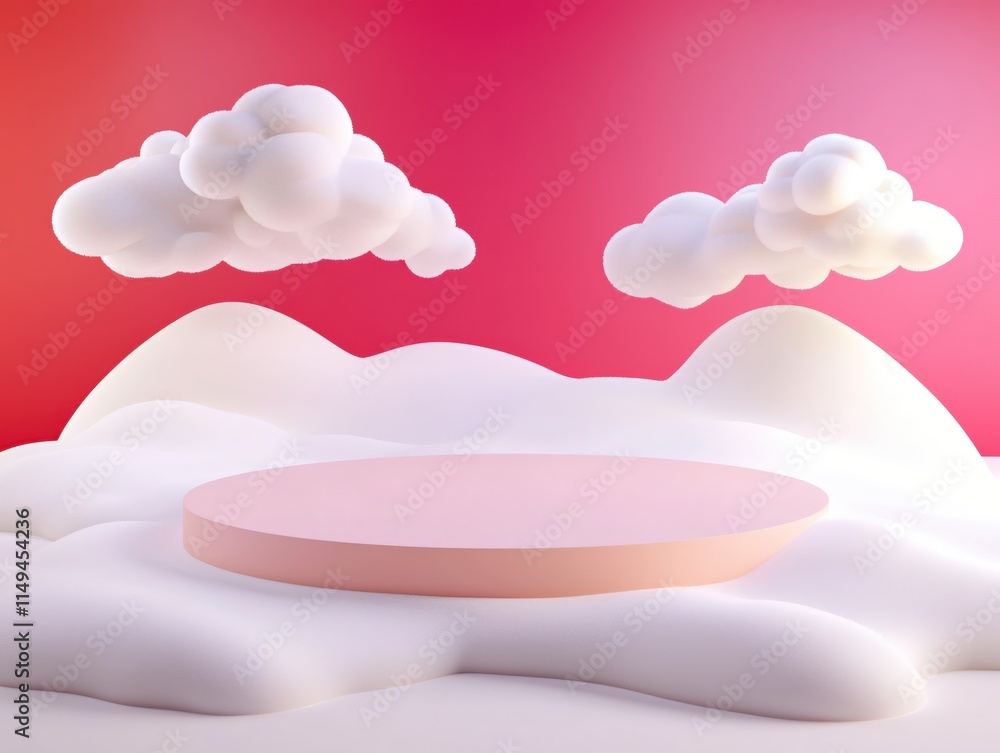 Poster dreamy pastel background with clouds and abstract platform for modern design concepts