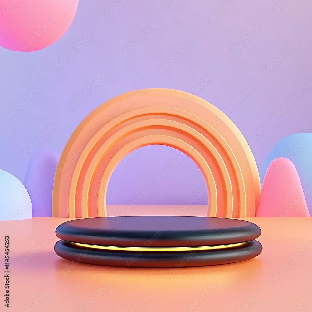 Poster vibrant pastel background with geometric shapes and a circular display stand