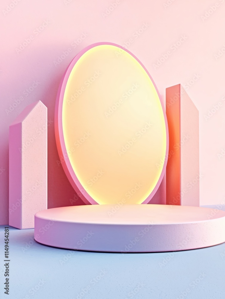 Poster modern minimalist studio display with circular mirror and geometric shapes in pastel colors
