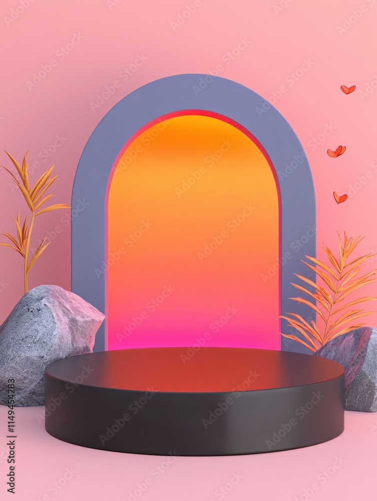 Poster colorful arch display with round platform and decorative elements in soft pastel colors