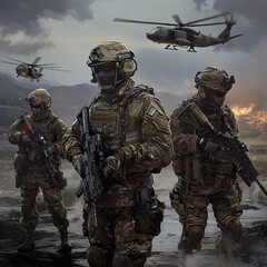 Fototapeta premium Soldiers in Combat: A Military Scene