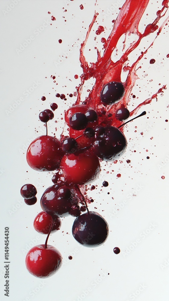 Poster cherry and grape explosion seen from above on simple background