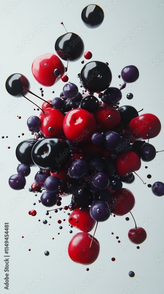 Poster cherry and grape explosion seen from above with a simple background