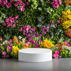 Fresh Colorful Floral Display with White Pedestal for Product Photography Showcase