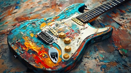 Colorful Abstract Electric Guitar on Wooden Background