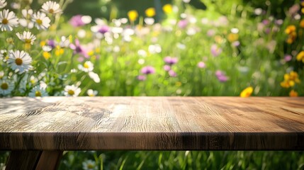 Fototapeta premium Wooden Table in Blooming Garden with Colorful Flowers and Bright Sunlight
