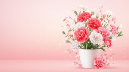 Obraz premium Charming carnations with delicate details in a light and cute pot, placed on a soft pink backgrounds with glowing highlights, perfect for spring themes.