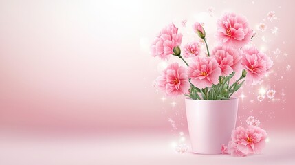 Charming   carnations with delicate details in a light and cute pot, placed on a soft pink backgrounds with glowing highlights, perfect for spring themes.
