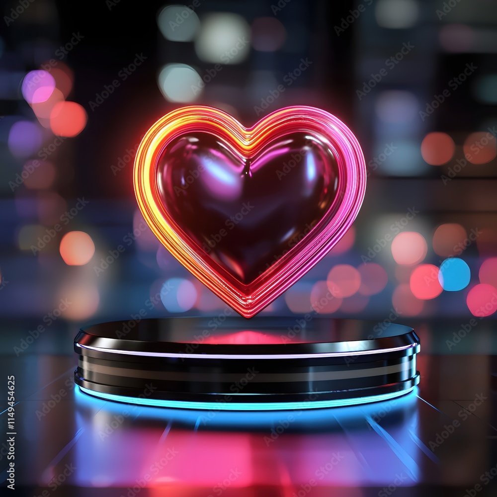 Aufkleber glossy neon heart with glossy base and colorful bokeh background in a studio setting