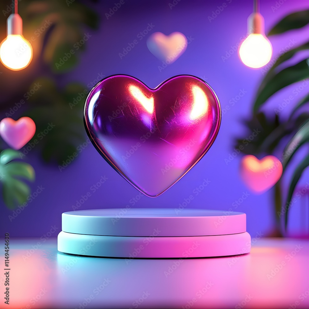 Poster shiny heart symbol on display with colorful lights and plants in a modern setting